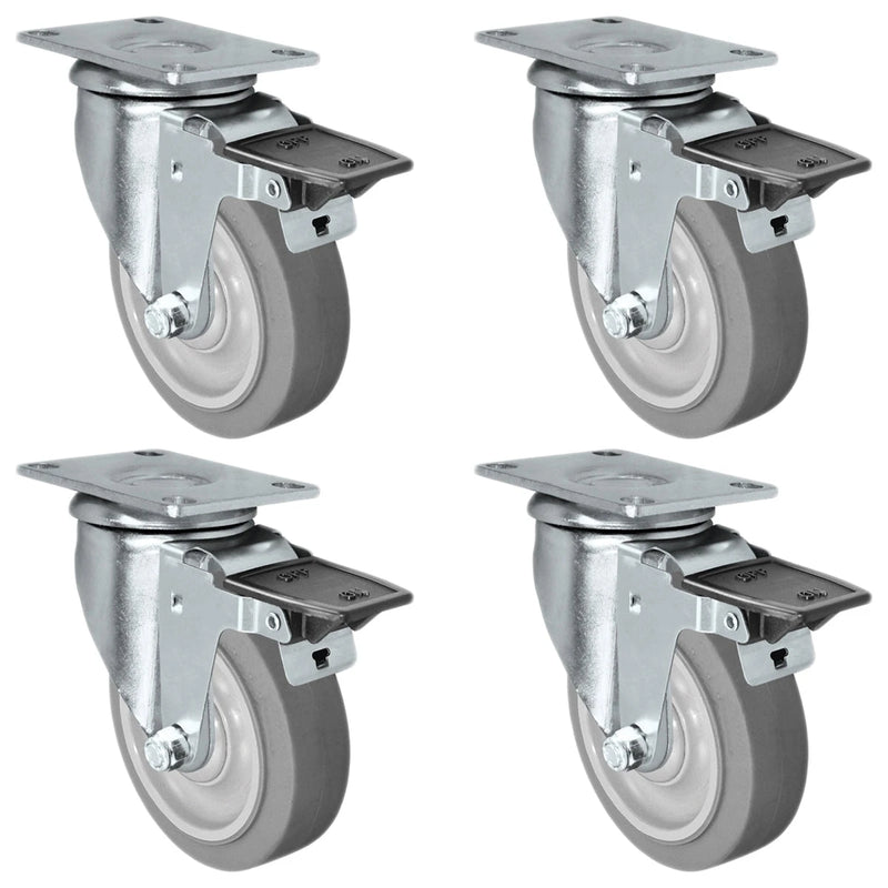 4" X 1.25" Thermo Plastic Rubber Caster Set of 4 - Swivel Front Locking Casters - 1,200 lbs Capacity Per Set CasterHQ