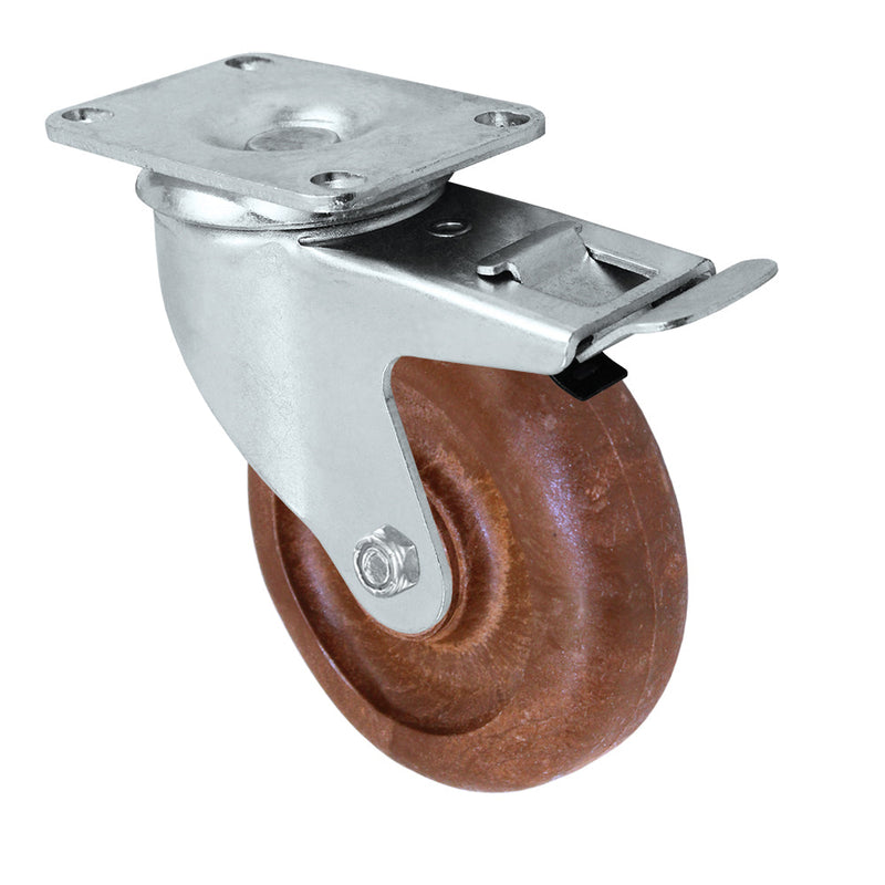 4 inch x 1-1/4 inch high-temp glass-filled nylon total lock swivel caster, brown wheel on a zinc-plated steel rig with 2-3/8 inch x 3-5/8 inch top plate, 350 lb capacity, CasterHQ part 21TL414TMA83T-01