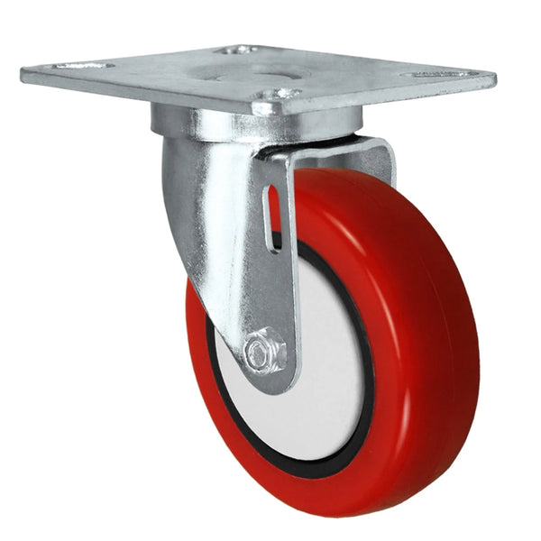 3 Inch x 1-1/4 Inch Swivel Caster - 250 lbs Capacity | Red Polyurethane Wheel | Plate Mount CasterHQ
