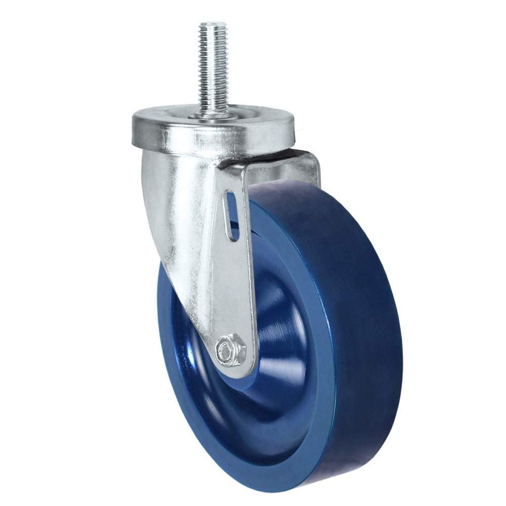 5" Threaded Stem Caster - Swivel Caster with Blue Solid Polyurethane Wheel - 350 lbs Per Caster - 1/2" x 1-1/2" Long Threaded Stem Caster
