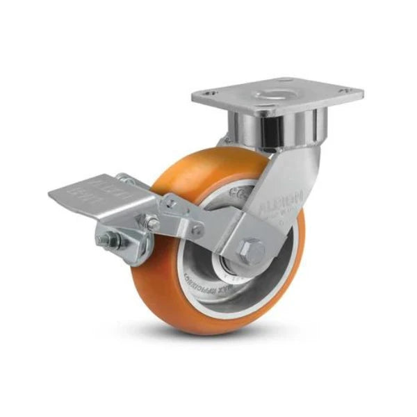 Albion Casters 6" x 2" Maintenance-Free Ergonomic Brake Caster - with MAX Efficiency Orange Wheel and 4" x 4.5" Plate - 1250 lb Load Capacity, Made in USA Albion-Casters