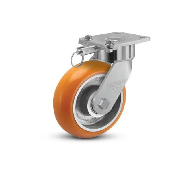 Albion Casters 6" x 2" Maintenance-Free Swivel Caster with MAX Efficiency Orange Wheel, Swivel Lock, and 4" x 4.5" Plate – Heavy-Duty, Ergonomic Design, Made in USA Albion-Casters