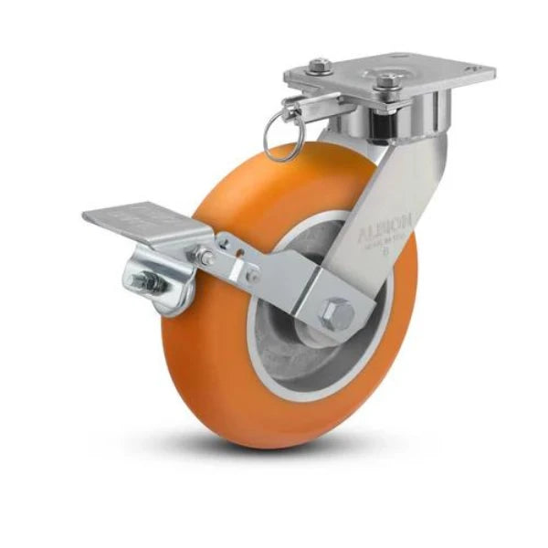 Albion Casters 8" x 2" Maintenance-Free USA Ergonomic Brake Caster with MAX Efficiency Orange Wheel, Swivel Lock & 4" x 4.5" Plate - 1500 lb Load Capacity Albion-Casters