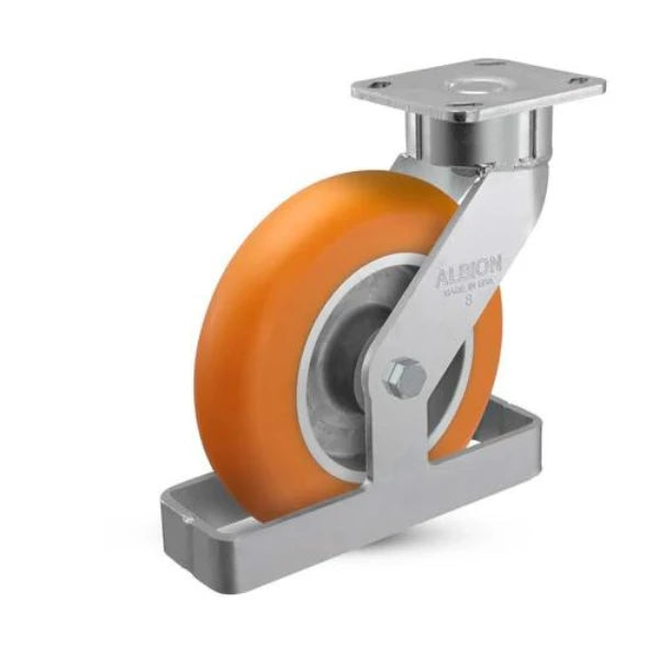 Albion Casters 8" x 2" Maintenance-Free USA Ergonomic Swivel Caster with MAX Efficiency Orange Wheel, Toe Guard, 4" x 4.5" Plate - 1500 lb Capacity Albion-Casters