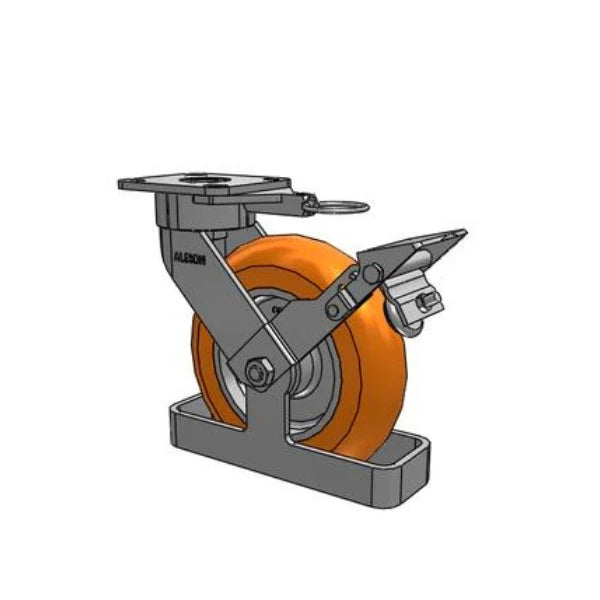Albion Casters 8" x 2" Maintenance-Free Ergonomic Brake Caster with MAX Efficiency Orange Wheel, Toe Guard, Swivel Lock - 1500 lb Capacity, USA-Made, 4" x 4.5" Plate - Model 28AN08228SLFBKTO Albion-Casters