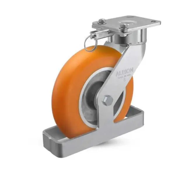 Albion Casters 8" x 2" Maintenance-Free Ergonomic Swivel Caster with MAX Efficiency Orange Wheel and Toe Guard - 1500 lb Capacity, 4" x 4.5" Plate, Made in USA -  | CasterHQ