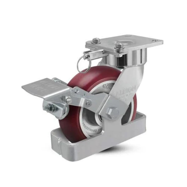 Albion Casters 6" x 2" Maintenance-Free Ergonomic Brake Caster with MAX Efficiency Wheel, Toe Guard, and 4" x 4.5" Plate - High Load Capacity Albion-Casters