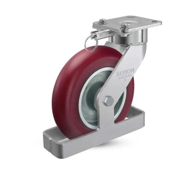 Albion Casters 8" x 2" Maintenance-Free USA Swivel Caster with MAX Efficiency Wheel, Toe Guard, Swivel Lock & 4" x 4.5" Plate - 1500 lb Load Capacity Albion-Casters