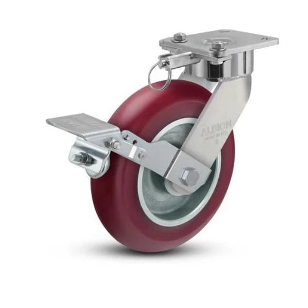 Albion Casters 8" x 2" Maintenance-Free Ergonomic Brake Caster with MAX Efficiency Wheel, Swivel Lock, and 4" x 4.5" Plate - 1500 lb Load Capacity - Made in USA Albion-Casters