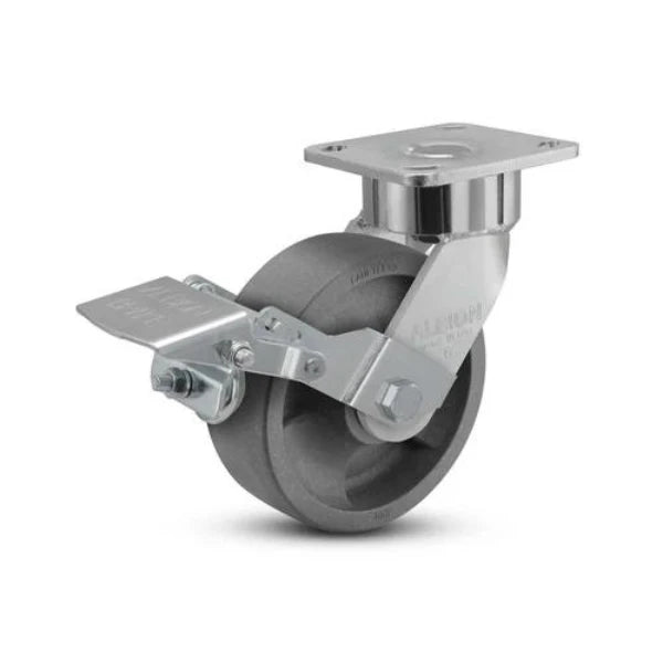 Albion Casters 6" x 2" Maintenance-Free Ergonomic Brake Caster with Nylon Wheel, 4" x 4.5" Plate - Heavy-Duty, 1200 lb Capacity, Made in USA Albion-Casters