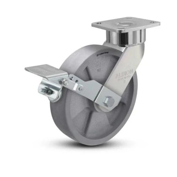 Albion Casters 8" x 2" Maintenance-Free Brake Caster - USA Made, High Load Capacity 1400 lb, Ergonomic Nylon Wheel, 9.5" Overall Height, 4" x 4.5" Plate, Model 28DT08228S01FBK Albion-Casters