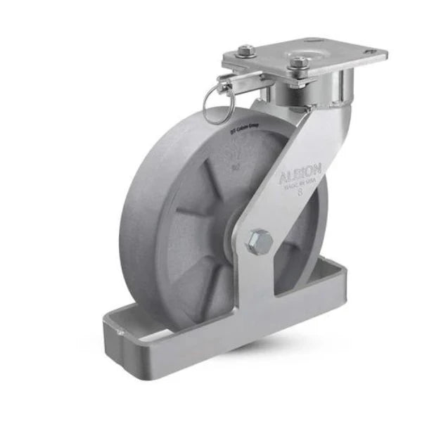 Albion Casters 8" x 2" Maintenance-Free Swivel Caster with Nylon Wheel, Toe Guard, Swivel Lock, 9.5" Overall Height, 4" x 4.5" Plate - Heavy-Duty 1400 lb Load Capacity, Made in USA - Model 28DT08228S01LTO Albion-Casters