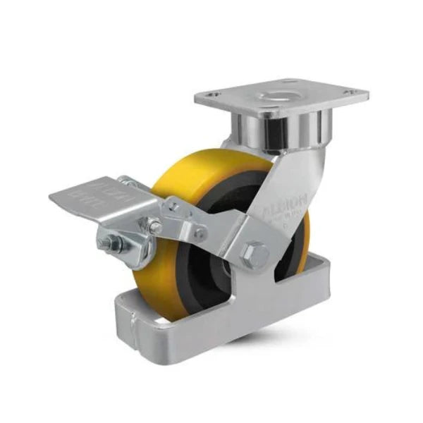 Albion Casters 6" x 2" Maintenance-Free Ergonomic Brake Caster with HD Poly on Iron Wheel, Toe Guard, and 4" x 4.5" Plate – High Load Capacity, Made in USA Albion-Casters
