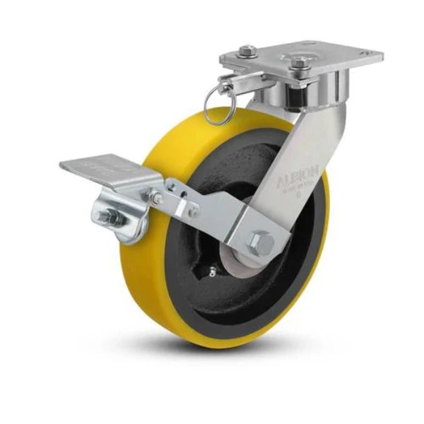 Albion Casters 8" x 2" Maintenance-Free USA Ergonomic Brake Caster with HD Poly on Iron Wheel and Swivel Lock - 1500 lb Capacity, 9.5" OAH, 4" x 4.5" Plate Albion-Casters