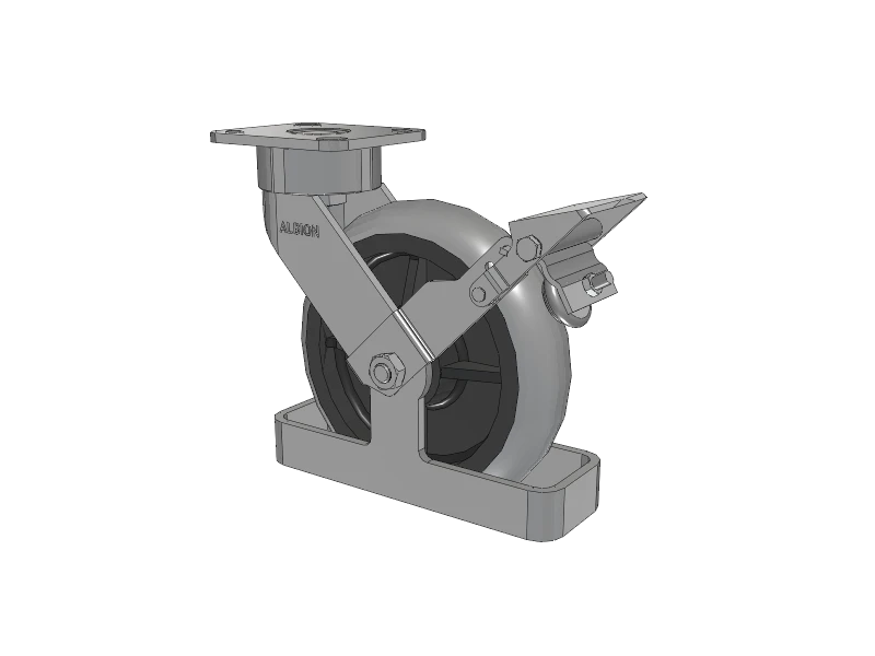 Albion Casters 8" x 2" Ergonomic Brake Caster with Performance Rubber Donut Wheel and Toe Guard - 9.5" OAH, 4" x 4.5" Top Plate, Model 28XR08228S01FBKTO Albion-Casters