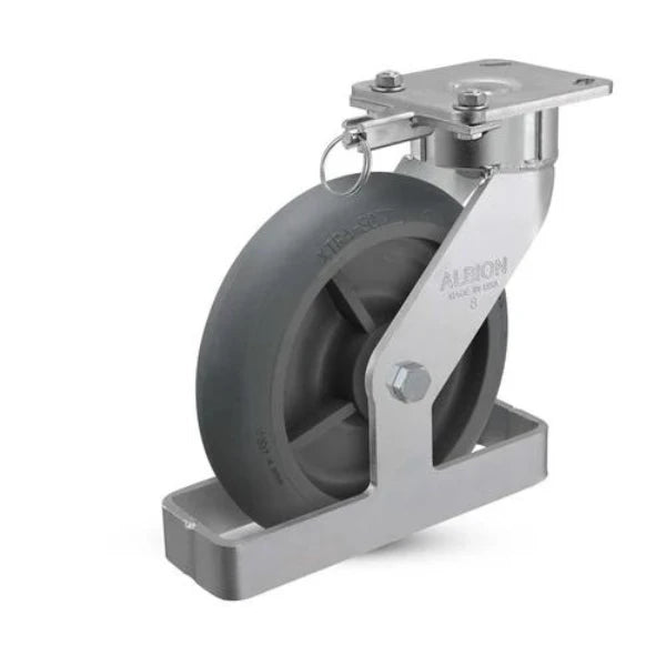 Albion Casters 8" x 2" USA Ergonomic Swivel Caster with Performance Rubber Donut Wheel, Toe Guard, Swivel Lock & 4" x 4.5" Plate - Model 28XR08228S01LTO Albion-Casters