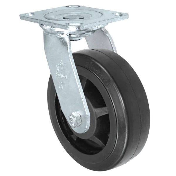 Durastar Medium Heavy Duty 30 Series - 6" x 2" Rubber on Glass-filled Nylon Swivel Caster - 550 lb Capacity, 4 x 4-1/2 Top Plate | Choose Bearing Options Durastar