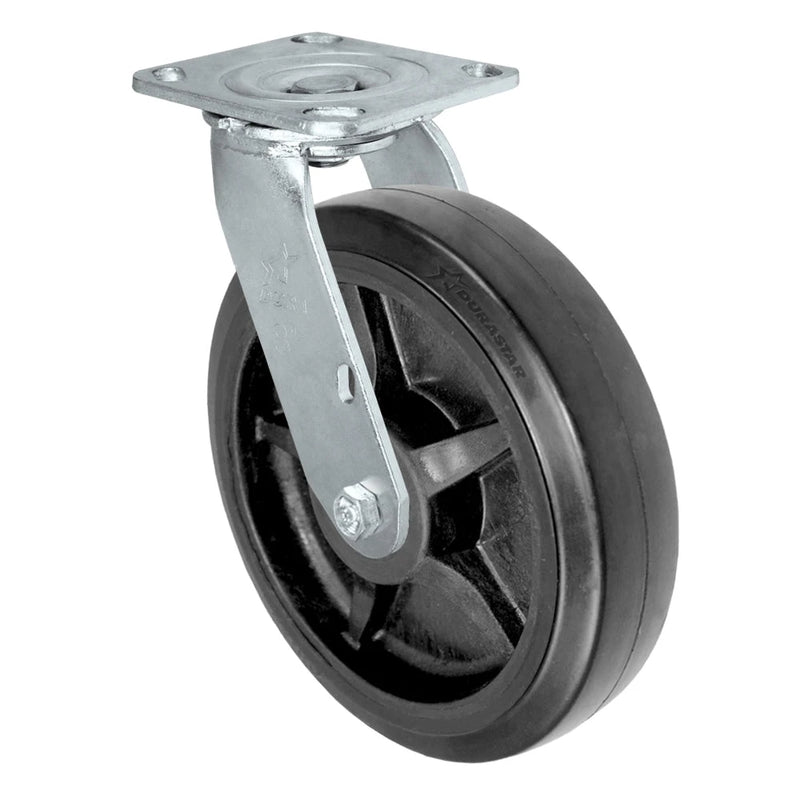 Durastar Medium Heavy Duty 30 Series - 8" x 2" Rubber on Glass-filled Nylon Swivel Caster - 600 lb Capacity, 4 x 4-1/2 Top Plate | Choose Bearing Options Durastar