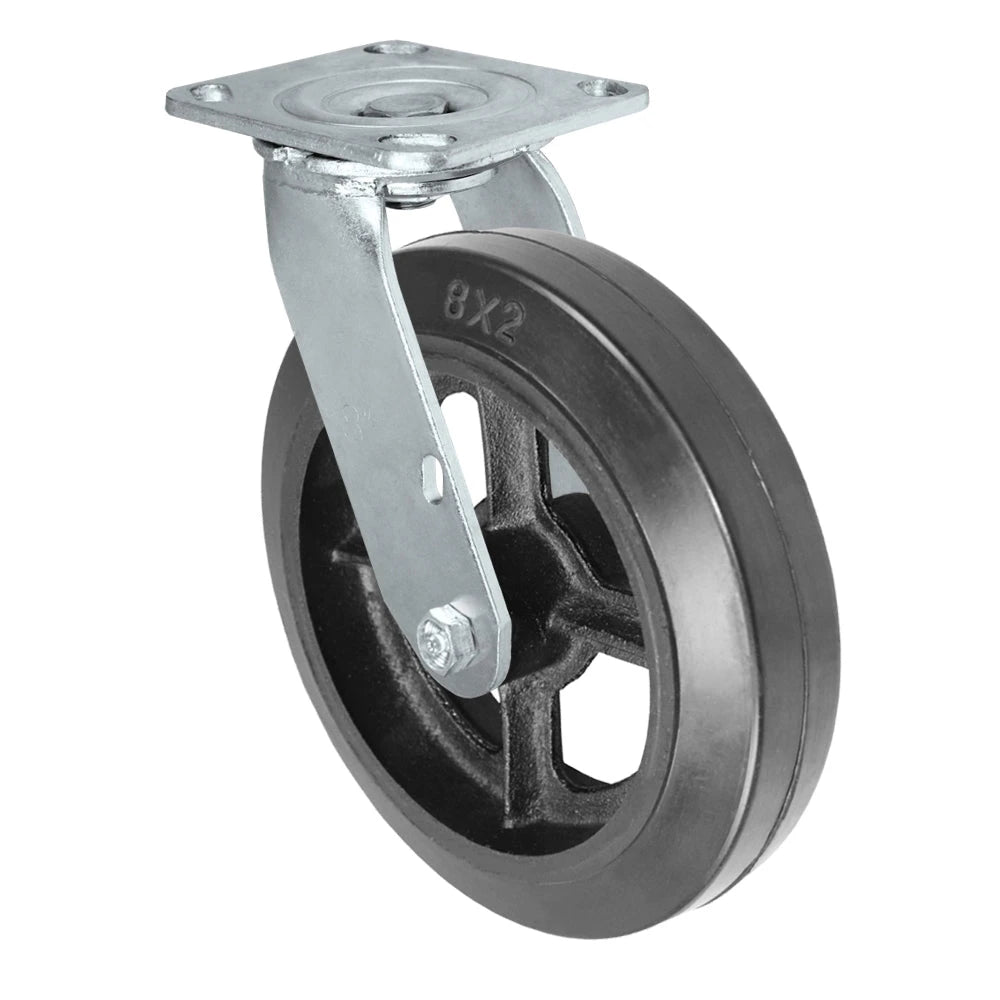 Durastar Medium Heavy Duty 30 Series - 8" x 2" Rubber on Steel Swivel Caster - 600 lb Capacity, 4 x 4-1/2 Top Plate | Choose Bearing Options Durastar