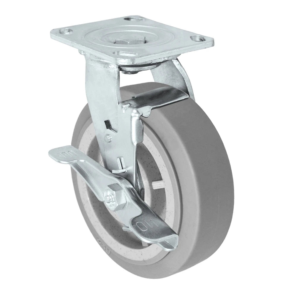 6" x 2" Swivel with Brake | Flat Tread Thermo Plastic Rubber Wheel | Swivel Caster | 4" x 4-1/2" Plate Size | 600 lbs Capacity CasterHQ