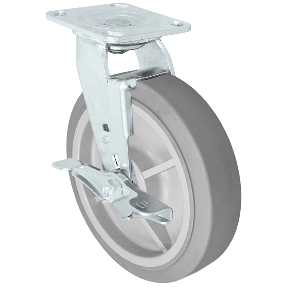 8" x 2" Swivel Caster with Brake | Flat Tread Thermo Plastic Rubber Wheel | 4" x 4-1/2" Plate Size | 600 lbs Capacity CasterHQ
