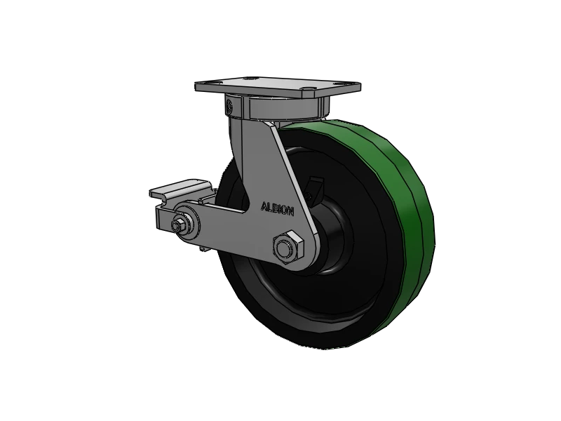 Albion Casters Kingpinless 10-Inch x 3-Inch Green Polyurethane on Iron Caster with Poly-Cam Brake and 6.25-Inch x 4.5-Inch Plate - High Load Capacity Caster for Heavy-Duty Applications Albion-Casters