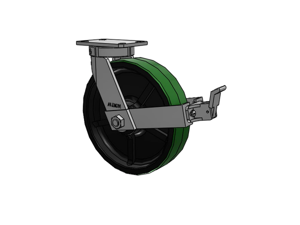 Albion Casters Kingpinless 12" x 3" Green Poly-on-Iron Caster with Face Brake & 6.25" x 4.5" Plate - High Performance Industrial Caster - Model 310PY12501SFBB Albion-Casters