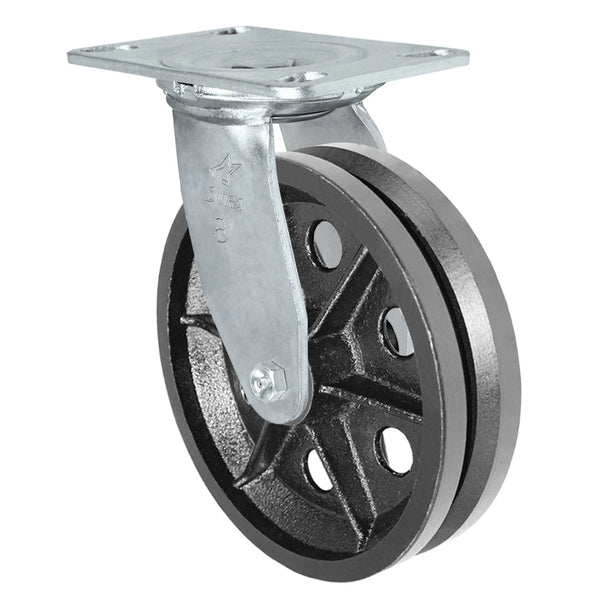 Durastar Medium Heavy Duty 35 Series - 8" x 2" V-Groove Steel Swivel Caster - 1400 lb Capacity, Choose Bearing Option Durastar