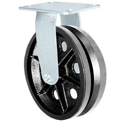 8" x 2" V-Groove Wheel | Rigid Caster | Plate Size: 4-1/2" x 6-1/4" | Weight Capacity: 1,400 lbs each CasterHQ
