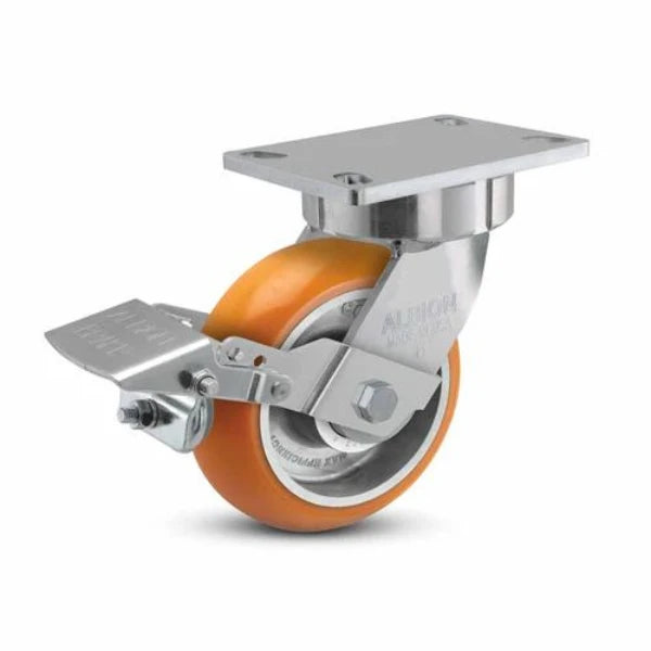Albion Casters 6" x 2" Ergonomic Brake Caster with MAX-Efficiency Orange Wheel and 6.25" x 4.5" Plate | Heavy-Duty USA-Made Caster for Enhanced Control and Performance - Model 38AN06228SFBK Albion-Casters