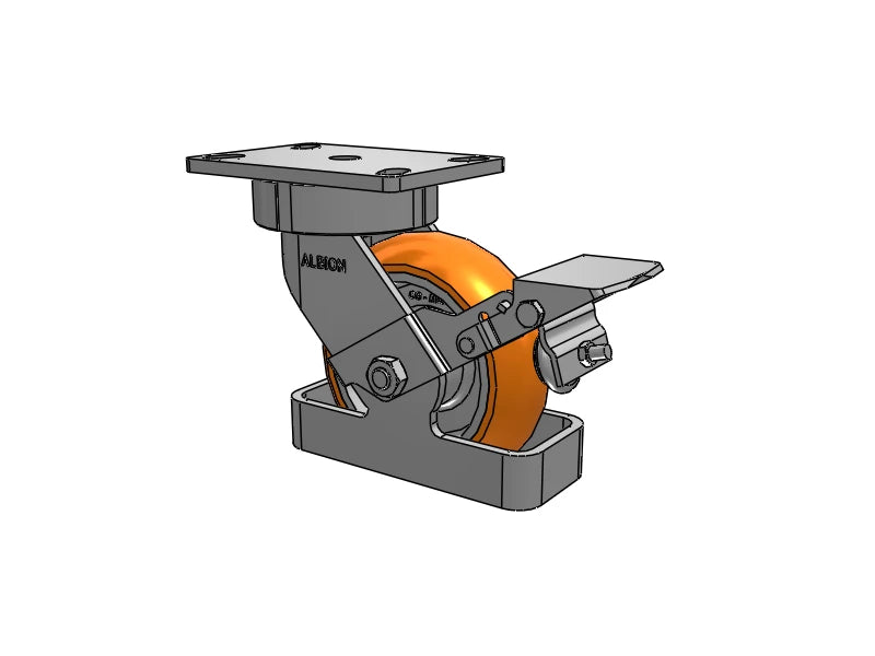 Albion Casters 6" x 2" USA Ergonomic Brake Caster with MAX-Efficiency Orange Wheel and Toe Guard - 6.25" x 4.5" Plate, Model 38AN06228SFBKTO Albion-Casters