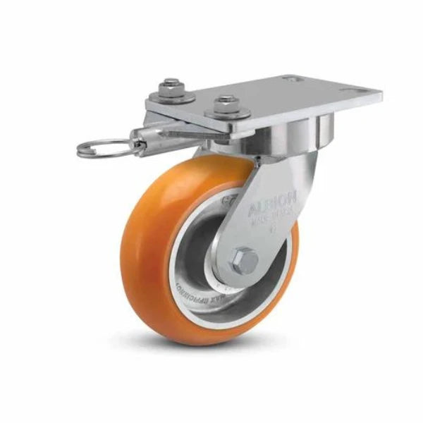 Albion Casters 6" x 2" USA Ergonomic Swivel Caster with MAX-Efficiency Orange Wheel & Swivel Lock - 6.25" x 4.5" Plate | Model 38AN06228SL Albion-Casters