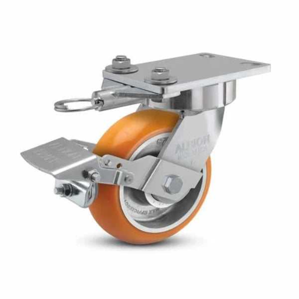 Albion Casters 6" x 2" USA Ergonomic Brake Caster | MAX-Efficiency Orange Wheel | Swivel Lock | 6.25" x 4.5" Plate - Model 38AN06228SLFBK Albion-Casters