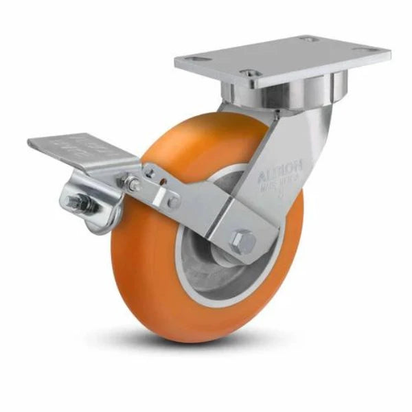 Albion Casters 8" x 2" Ergonomic Brake Caster with MAX-Efficiency Orange Wheel & 6.25" x 4.5" Plate - High Performance, Durable Caster for Enhanced Control and Stability | Model 38AN08228SFBK Albion-Casters