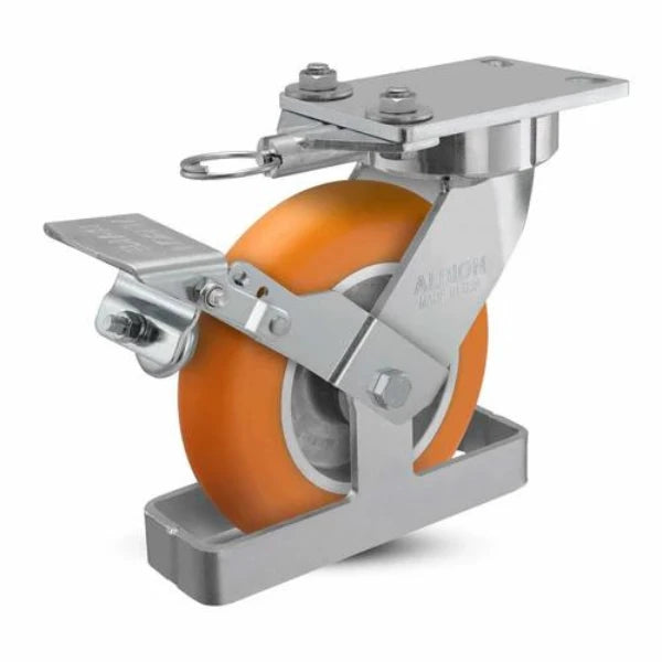 Albion Casters 10" x 2" Ergonomic Brake Caster with MAX-Efficiency Orange Wheel, Toe Guard, Swivel Lock, 2500 lb Capacity - Made in USA Albion-Casters