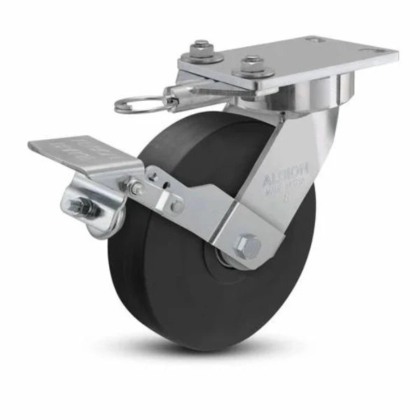 Albion Casters 8" x 2" USA Ergonomic Brake Caster with HD Nylon Wheel and Swivel Lock – 9.5" Overall Height, 6.25" x 4.5" Plate - Model 38NX08228S01LFBK Albion-Casters