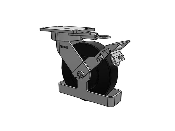 Albion Casters 8" x 2" USA Ergonomic Brake Caster with HD Nylon Wheel, Toe Guard, Swivel Lock, 9.5" Overall Height & 6.25" x 4.5" Plate - Model 38NX08228S01LFBKTO Albion-Casters