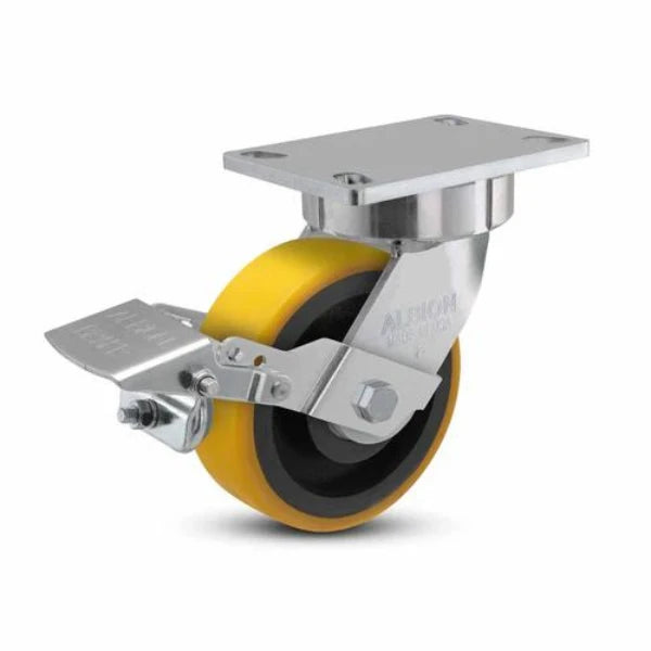 Albion Casters 6" x 2" USA Ergonomic Brake Caster with MAX-Efficiency Wheel, Toe Guard & Swivel Lock - Heavy-Duty 6.25" x 4.5" Plate, Model 38PF06228SFBK Albion-Casters