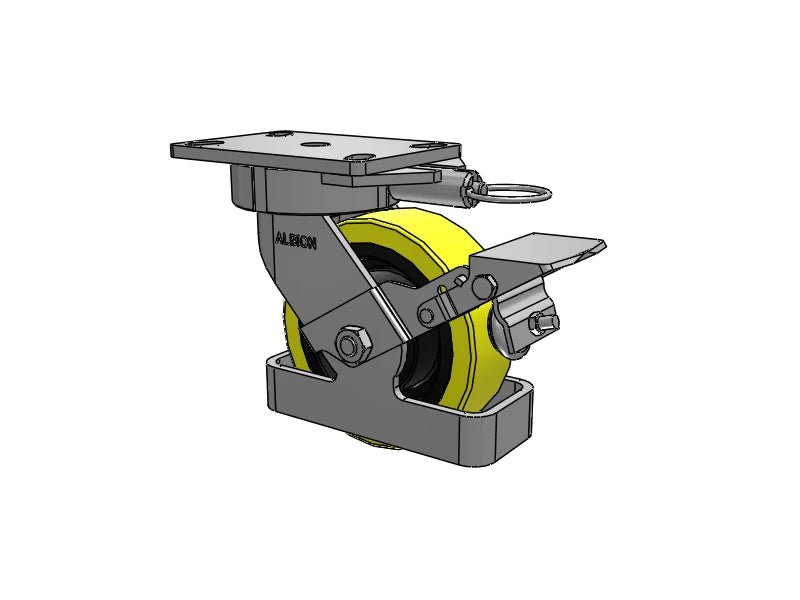 Albion Casters 6" x 2" USA Ergonomic Brake Caster with HD Poly-on-Iron Wheel, Toe Guard, and Swivel Lock - High-Durability 6.25" x 4.5" Plate Albion-Casters