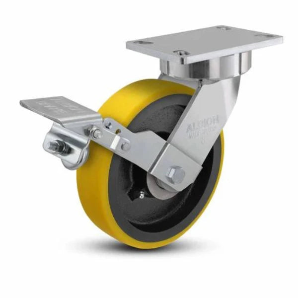 Albion Casters 8" x 2" Ergonomic Brake Caster with HD Poly-on-Iron Wheel and 6.25" x 4.5" Plate - 9.5" Overall Height, Model 38PF08228S01FBK Albion-Casters