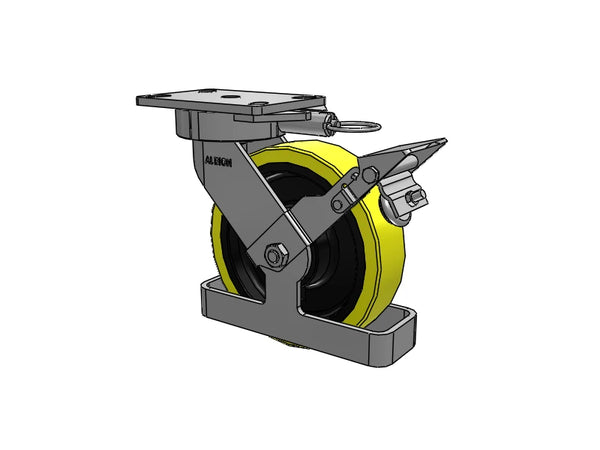 Albion Casters 8" x 2" Ergonomic Brake Caster with HD Poly-on-Iron Wheel and Swivel Lock - 9.5" OAH, 6.25" x 4.5" Plate, Toe Guard - Model 38PF08228S01LFBKTO Albion-Casters