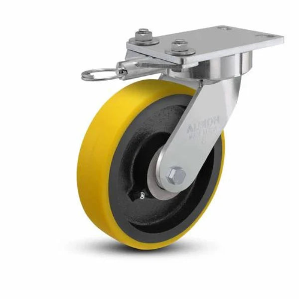 Albion Casters 8" x 2" USA Swivel Caster with HD Poly-on-Iron Wheel, Swivel Lock, and 6.25" x 4.5" Plate - Durable Ergonomic Performance for Industrial Equipment Albion-Casters