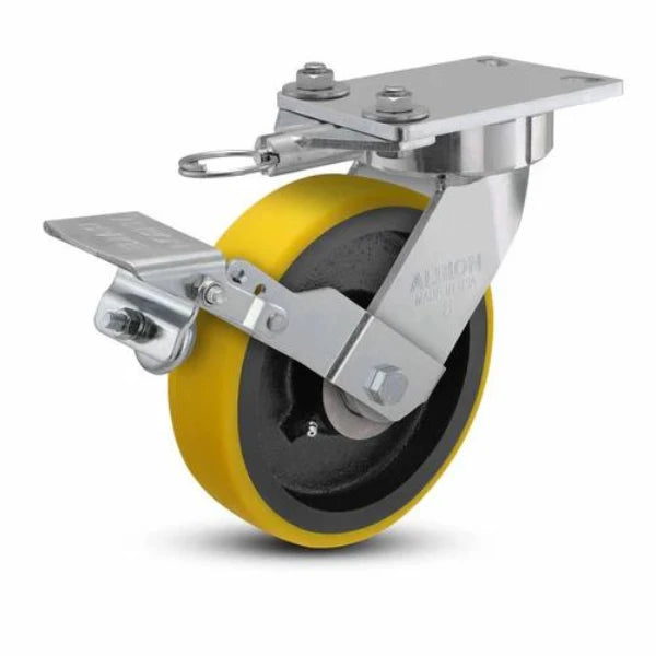 Albion Casters 8" x 2" HD Poly-on-Iron Ergonomic Brake Caster with Swivel Lock - 6.25" x 4.5" Plate, High-Durability and Load Capacity - Model 38PF08228SLFBK Albion-Casters