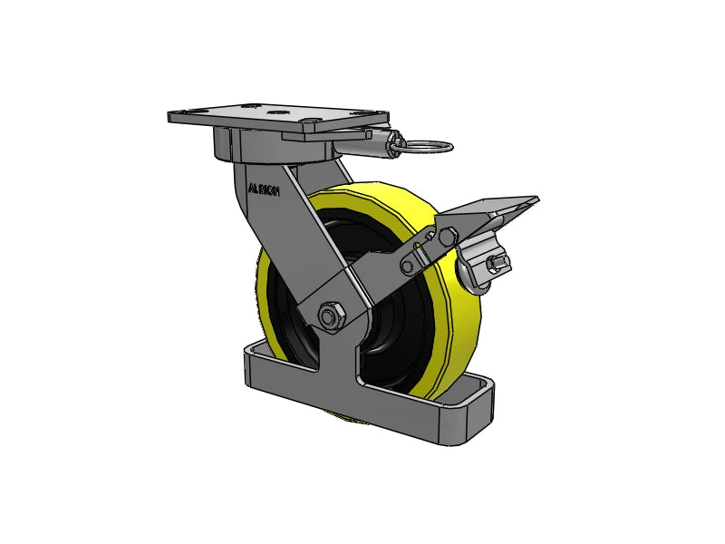 Albion Casters 8" x 2" USA Ergonomic Brake Caster with Heavy-Duty Poly-on-Iron Wheel, Toe Guard, Swivel Lock, and 6.25" x 4.5" Plate - Model 38PF08228SLFBKTO Albion-Casters