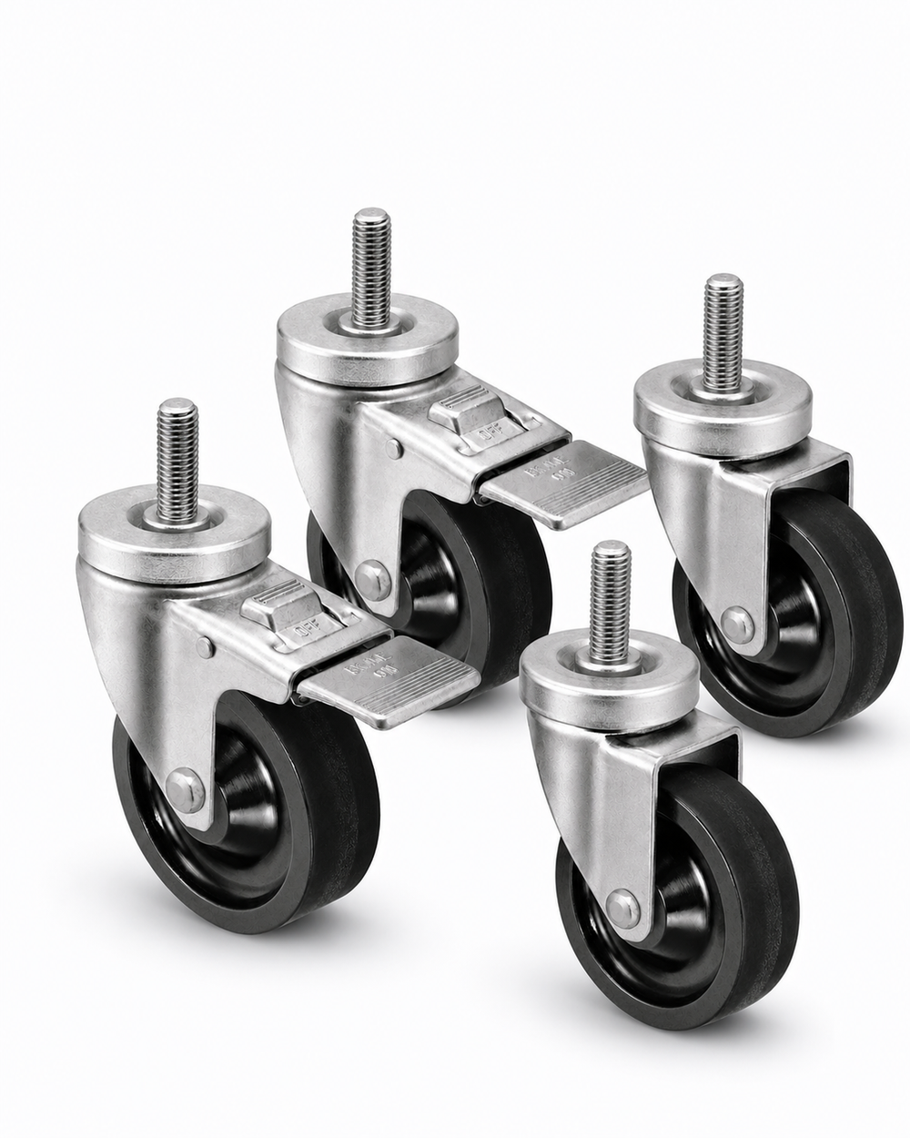 3" Polyolefin Stem Caster Set — 4 Pc (2 Swivel + 2 Total-Lock), 1/2"-13 Stem, 250 lb