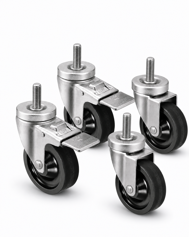 5" Polyolefin Stem Caster Set — 4 Pc (2 Swivel + 2 Total-Lock), 1/2"-13 Stem, 300 lb