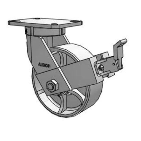 Kingpinless 8"x3" Cast Iron Wheel Caster with Face Brake, 7.25"x5.25" Plate, 2800 lb Load Capacity Albion-Casters