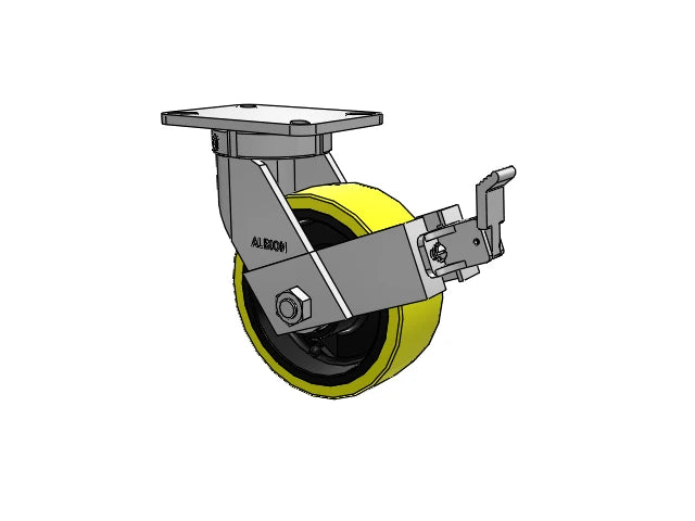 Kingpinless 8"x3" Heavy-Duty Poly-on-Iron Caster with Face Brake - 4000 lb Load Capacity, 7.25"x5.25" Plate, 10.5" Mount Height, 10.75" Swivel Radius Albion-Casters