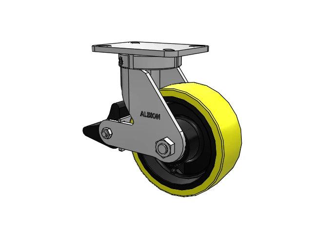Kingpinless 8"x3" HD Poly-on-Iron Caster with Poly-Lock Brake | 4000 lb Load Capacity | 7.25"x5.25" Plate | 10.5" Mount Height | High-Quality Industrial Caster for Heavy-Duty Applications Albion-Casters