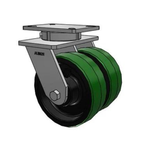 Dual-Wheel 8"x3" Kingpinless Green Poly-on-Iron Swivel Caster | 2000 lb Capacity | 7.25"x5.25" Plate | 415PY08509S Albion-Casters